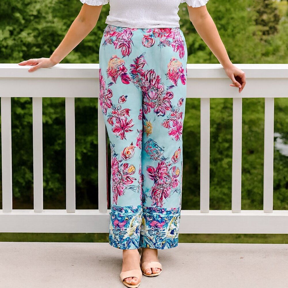Zara Grupo Inditex Pant Women M Teal Paisley Floral Elastic Y2K Waist Aloha NWT